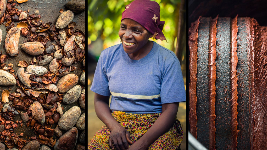 3 panel photos of cocoa beans, a woman and a chocolate cake in West Africa