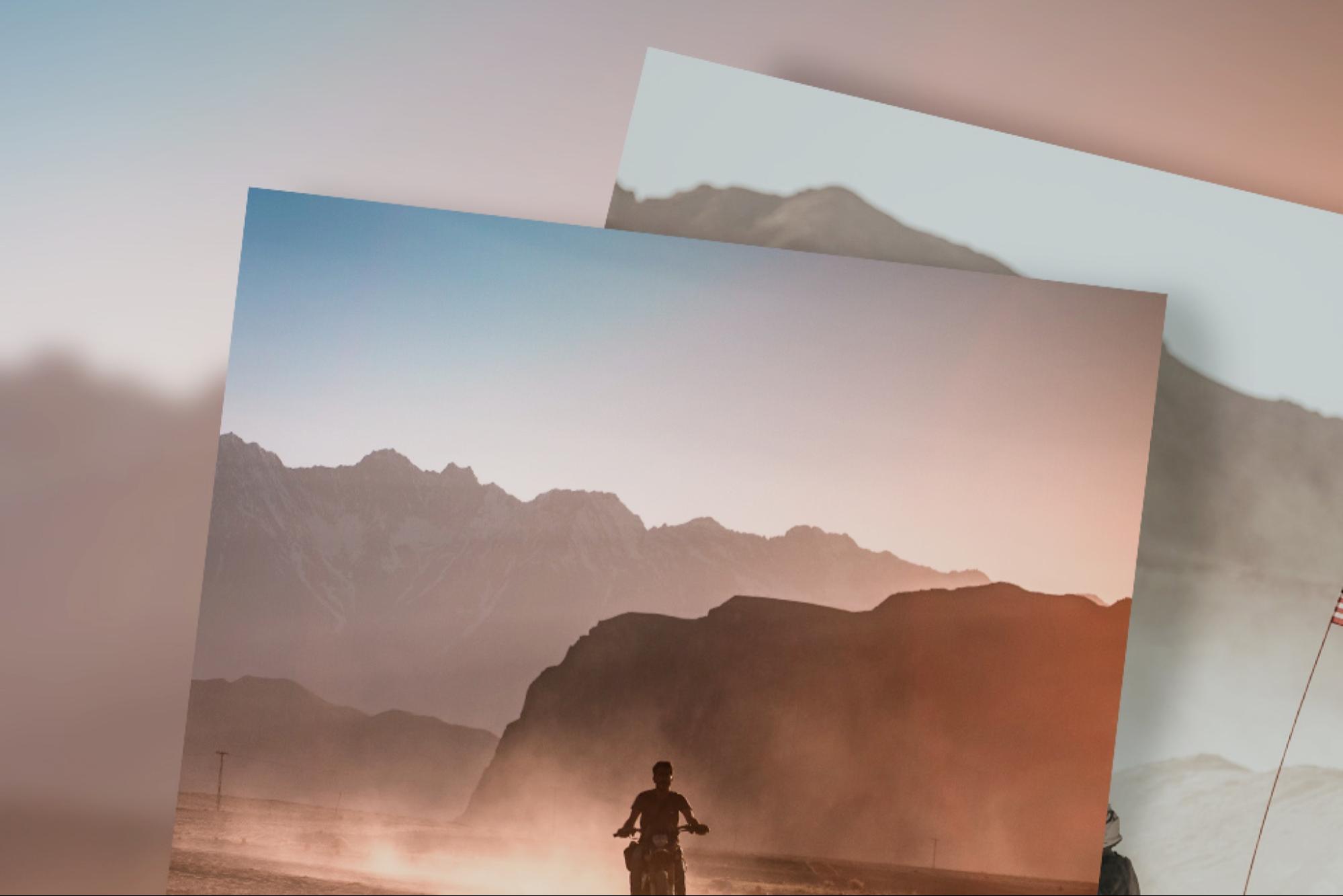 Stacked photographs of the outdoors. The top photo of the stack is a person riding a motorcycle through the desert, facing the camera. Photos by Adeel Shabir, Bradley Dunn.