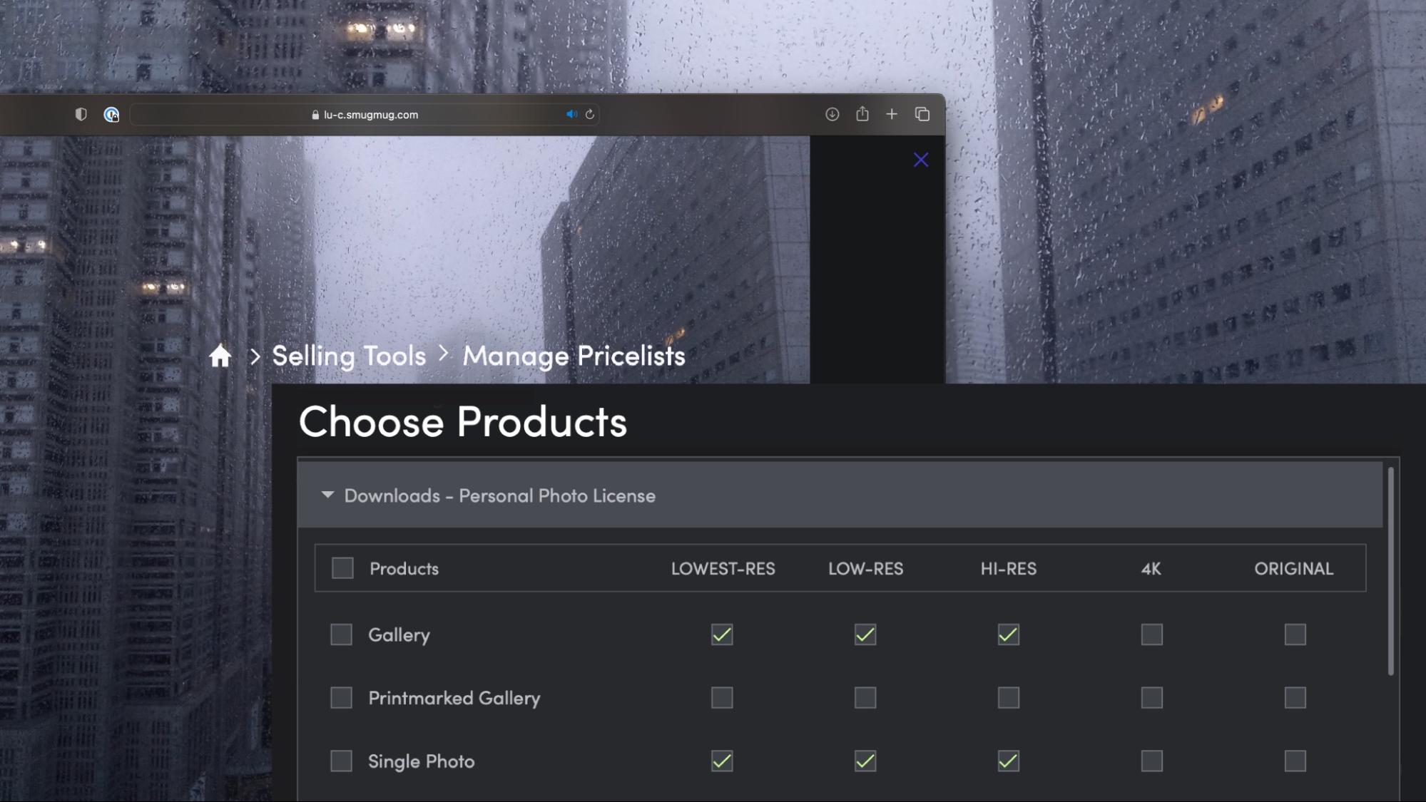 A layered screenshot showing SmugMug's pricelist tool.